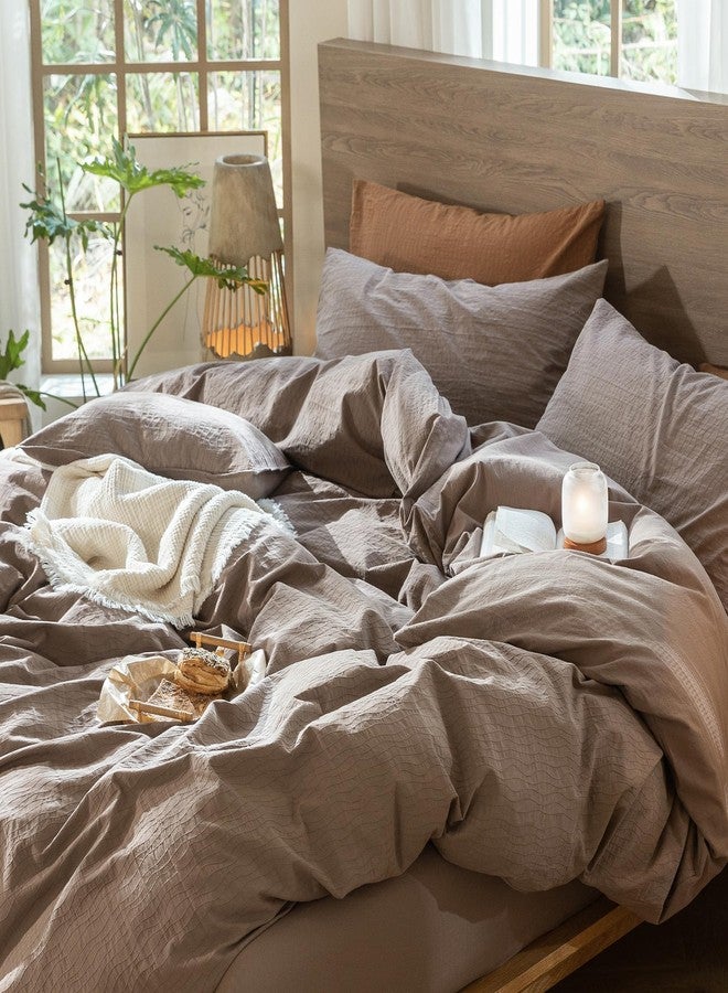 MooMee Wavy Striped Duvet Cover Set 100% Washed Cotton Linen Like Textured Breathable Durable Soft Comfy (Brown, Full 80"x90") - Image 5