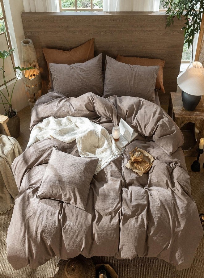 MooMee Wavy Striped Duvet Cover Set 100% Washed Cotton Linen Like Textured Breathable Durable Soft Comfy (Brown, Full 80"x90") - Image 4