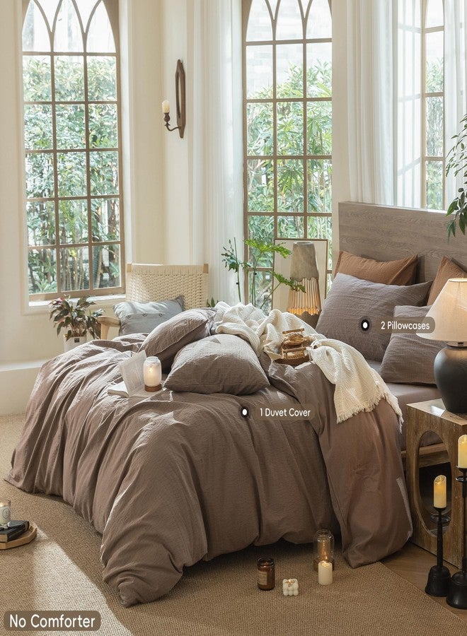 MooMee Wavy Striped Duvet Cover Set 100% Washed Cotton Linen Like Textured Breathable Durable Soft Comfy (Brown, Full 80"x90") - Image 2