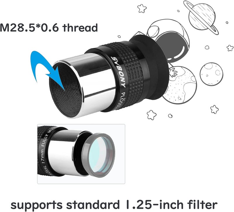 اس في بيوني عدسة عينية SV131 بلوسل، عدسات تلسكوب 1.25 بوصة 17 مم، تصميم 4 عناصر، مجال رؤية 48 درجة، مع خيط فلتر، ملحقات تلسكوب للمراقبة الفلكية - Image 5