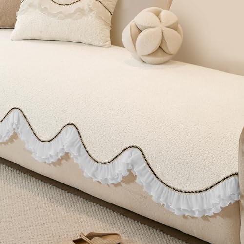 HOKIPO 'French Classic Frill' Sofa Cover Mat for 1/2/3 Seater & L Shape Sofa. Make Your Own Sofa Cover Set, Anti-Slip Mat Length 90(D) x 220(L) cm, Snow White Ivory (AR-6144-IVY) - Image 1