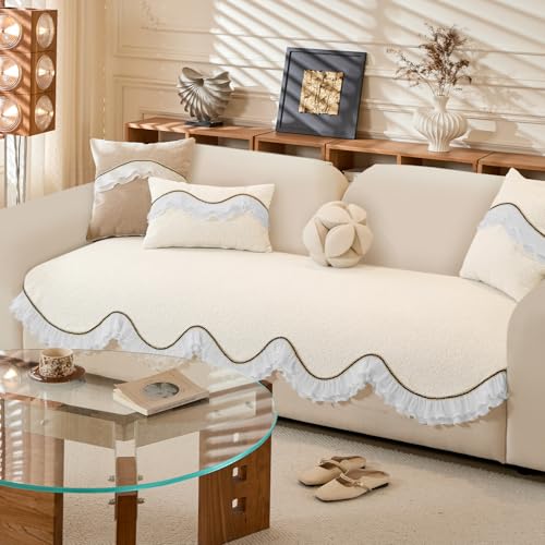 HOKIPO 'French Classic Frill' Sofa Cover Mat for 1/2/3 Seater & L Shape Sofa. Make Your Own Sofa Cover Set, Anti-Slip Mat Length 90(D) x 220(L) cm, Snow White Ivory (AR-6144-IVY) - Image 2