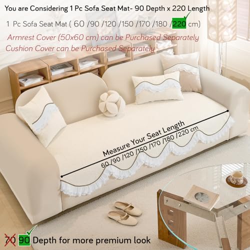 HOKIPO 'French Classic Frill' Sofa Cover Mat for 1/2/3 Seater & L Shape Sofa. Make Your Own Sofa Cover Set, Anti-Slip Mat Length 90(D) x 220(L) cm, Snow White Ivory (AR-6144-IVY) - Image 5