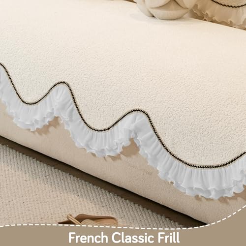 HOKIPO 'French Classic Frill' Sofa Cover Mat for 1/2/3 Seater & L Shape Sofa. Make Your Own Sofa Cover Set, Anti-Slip Mat Length 90(D) x 220(L) cm, Snow White Ivory (AR-6144-IVY) - Image 4