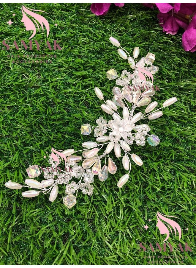 Samyak Combo of 2 Wedding Hair Pins Tiara Accessories Handmade Headdress Brooch for Women & Girls Bridesmaid Hair Vine (Silver-Gold) - Image 4