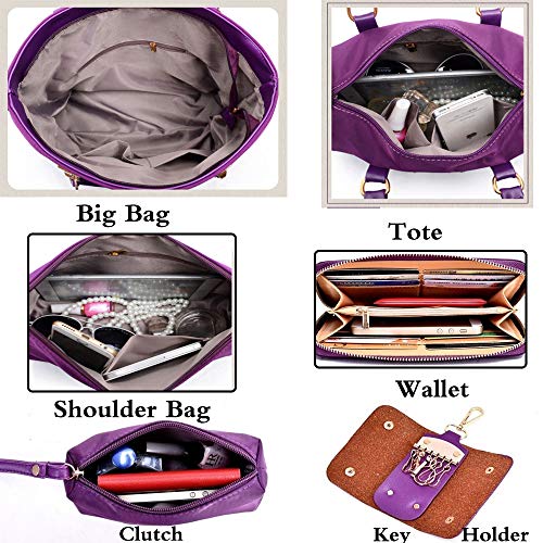 FiveloveTwo Women 6Pcs Handbag Set Nylon Top Handle Bag Totes Satchels Crossbody Shoulder Bags and Purse Clutch - Image 4