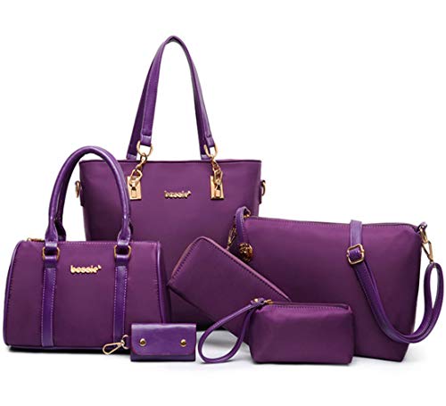 FiveloveTwo Women 6Pcs Handbag Set Nylon Top Handle Bag Totes Satchels Crossbody Shoulder Bags and Purse Clutch - Image 1