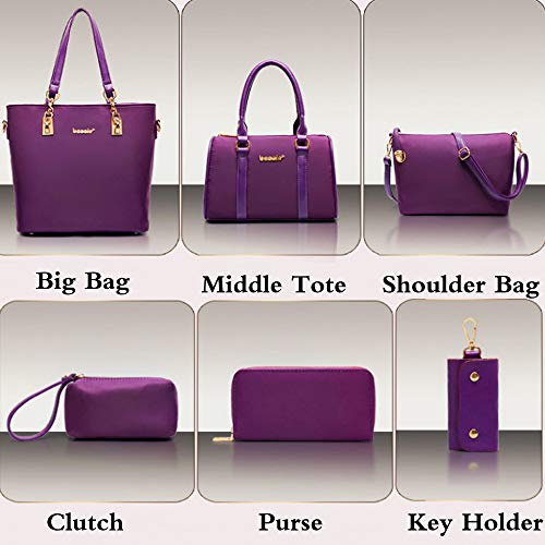 FiveloveTwo Women 6Pcs Handbag Set Nylon Top Handle Bag Totes Satchels Crossbody Shoulder Bags and Purse Clutch - Image 3