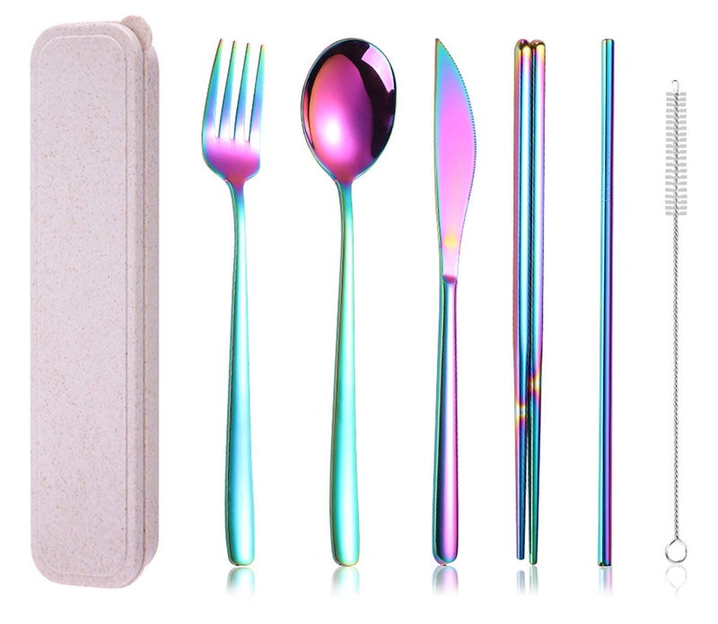 AARAINBOW 6 Pieces 188 Stainless Steel Flatware Set Portable Reusable Cutlery Set Travel Utensils Set Including Chopsticks Knife Fork Spoon Straws Cleaning Brush Dishwasher Safe Multicolored