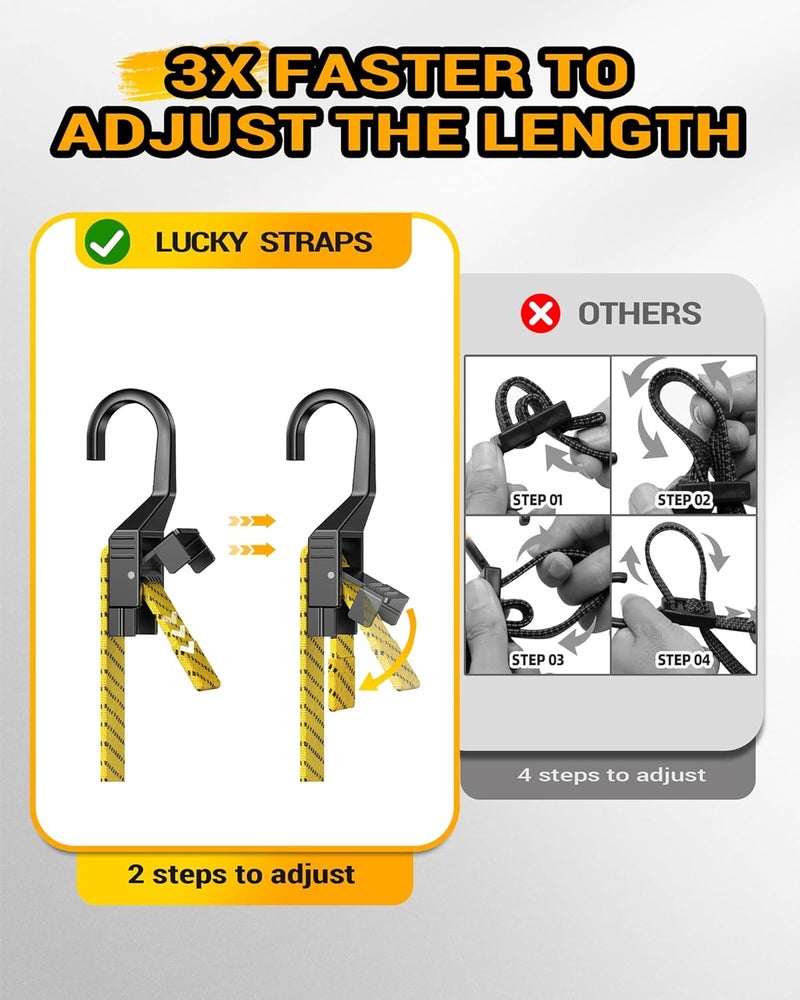 LuckyStraps 6 Pcs 80 Inch Flat Adjustable Bungee Cords with Hooks, 3X Faster to Adjust The Length, Lucky Straps Yellow Heavy Duty Bungee Straps for Cargo, Bike, Cart, Tent, Truck, Camping, Outdoor, etc Diverse use resistant crafted quality - Image 2