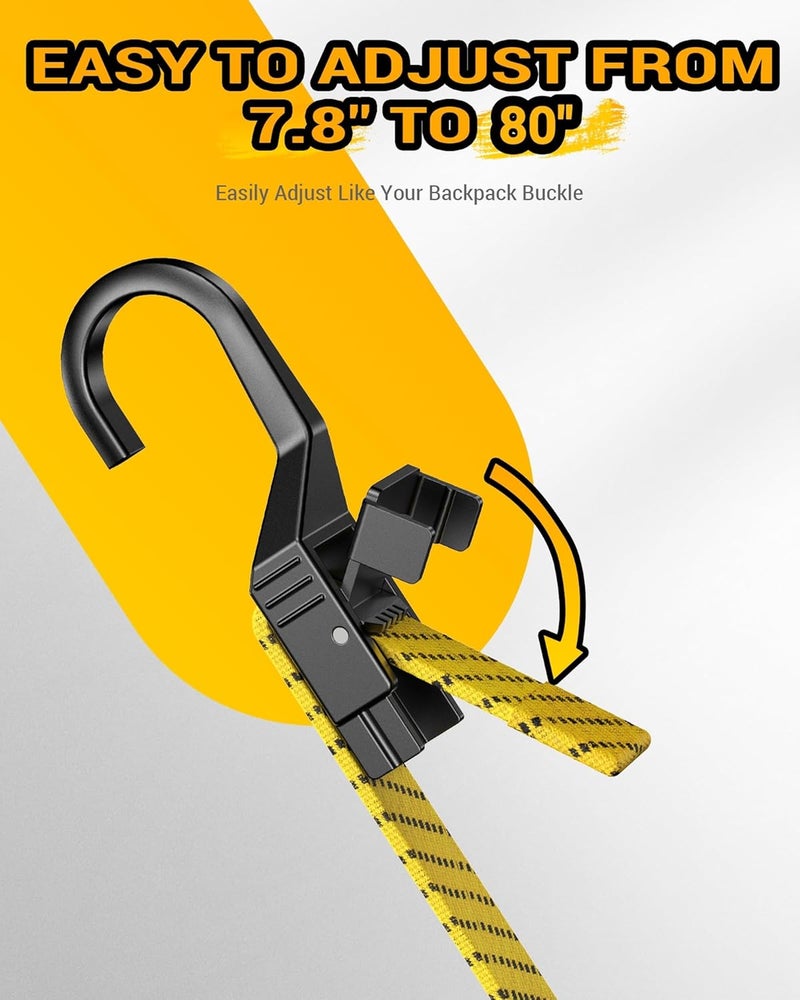 LuckyStraps 6 Pcs 80 Inch Flat Adjustable Bungee Cords with Hooks, 3X Faster to Adjust The Length, Lucky Straps Yellow Heavy Duty Bungee Straps for Cargo, Bike, Cart, Tent, Truck, Camping, Outdoor, etc Diverse use resistant crafted quality - Image 3