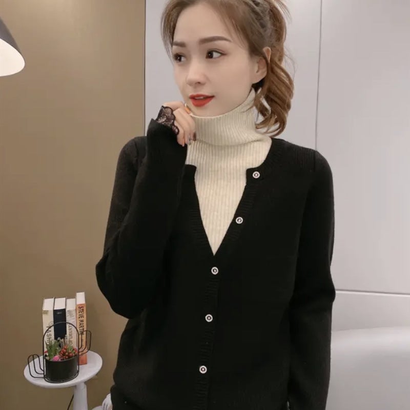 2021 Autumn and Winter Velvet Thickened Fake Two-piece High Neck Lace Knitted Sweater Womens Stylish Pile Collar Base Shirt Top Thick black