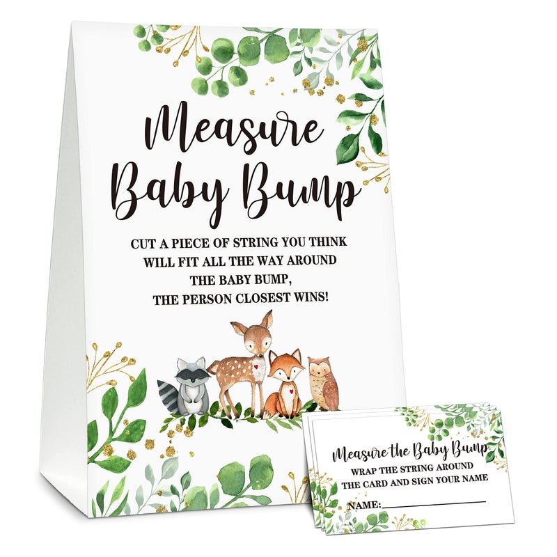 DETIHO Woodland Animal Measure The Baby Bump Baby Shower Game SetSafari Theme How Big is Mommys Belly Babys Shower Party Game Supplies1 Sign and 50 CardsC02