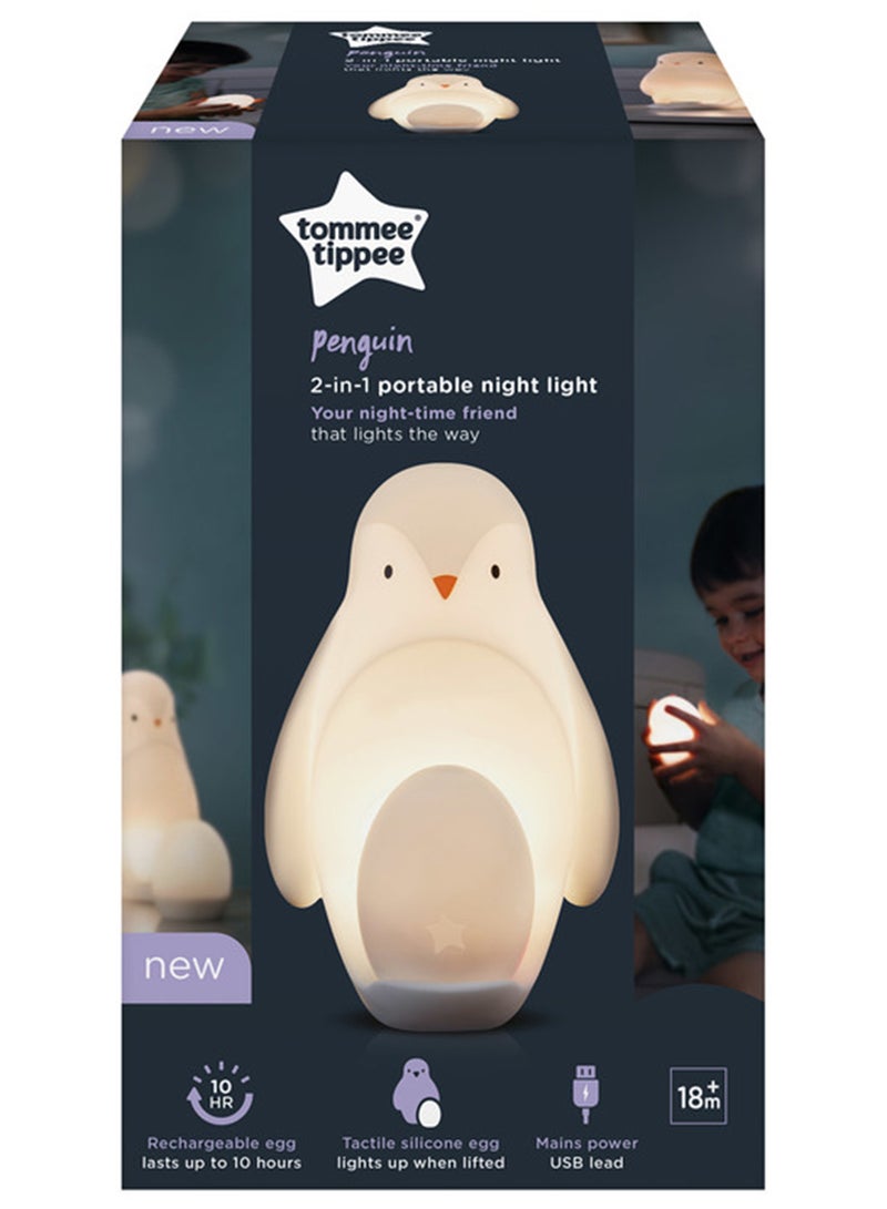 tommee tippee Penguin 2-in-1 Portable Nursery Night Light for Baby & Toddler – Soft Silicone Night Lamp with Dimmable Glow, USB Rechargeable, Removable Light for Sleeping, Bedtime, Travel White - Image 3
