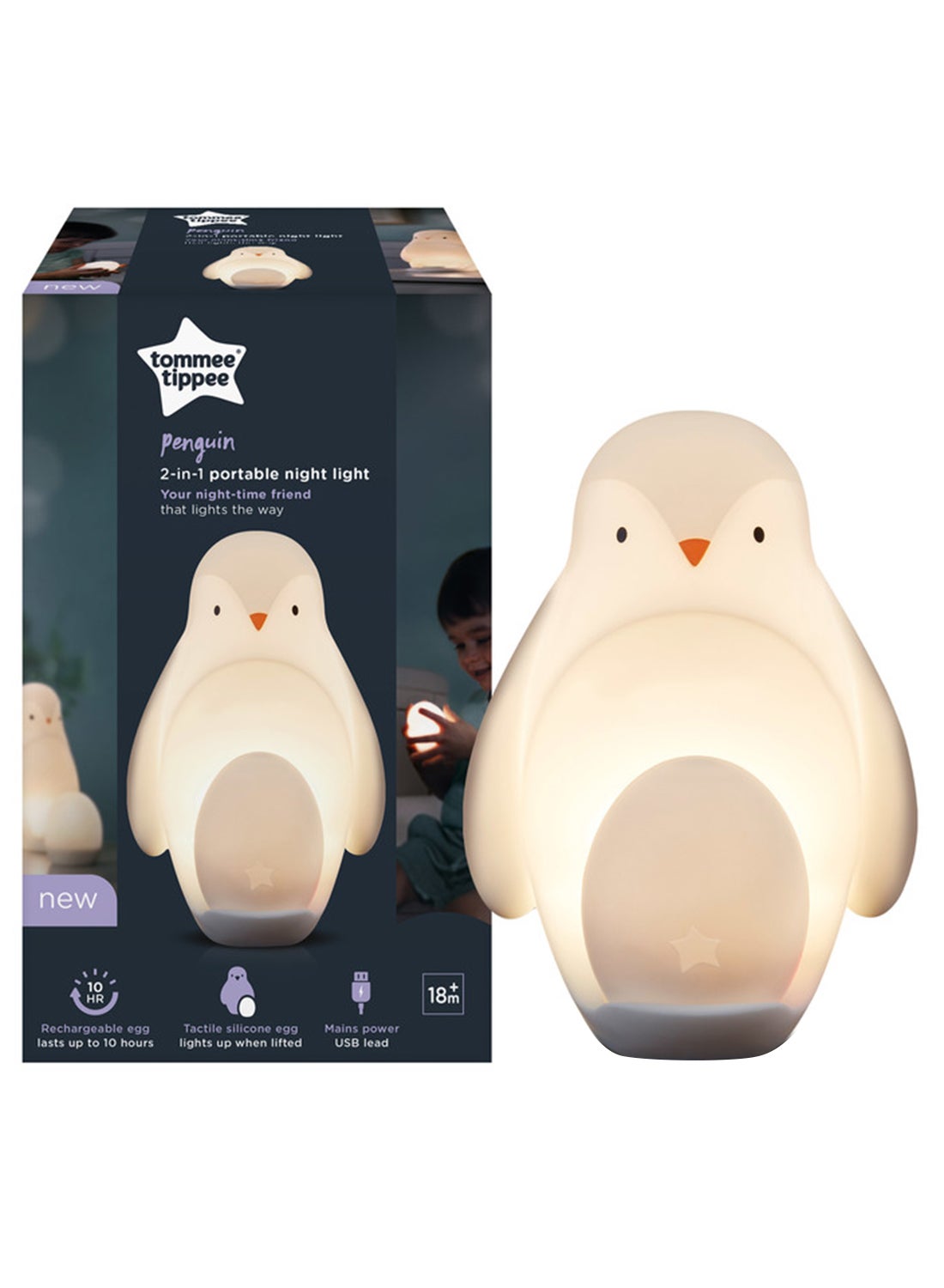 tommee tippee Penguin 2-in-1 Portable Nursery Night Light for Baby & Toddler – Soft Silicone Night Lamp with Dimmable Glow, USB Rechargeable, Removable Light for Sleeping, Bedtime, Travel White
