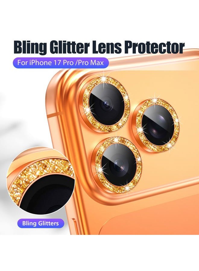 AGVEE 3+3 6 Pack for iPhone 17 Pro 6.3" / 17 Pro Max 6.9" Camera Lens Cover Protector, Bling Diamond & Bling Glitter Metal Ring 9H Tempered HD Glass Camera Cover Protector Film, Bling-Orange - Image 5