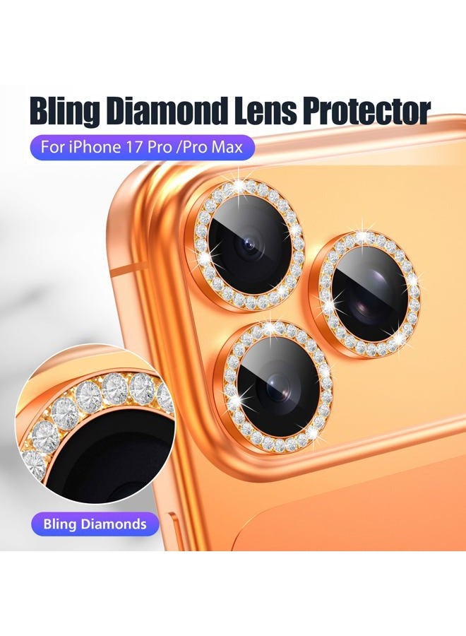 AGVEE 3+3 6 Pack for iPhone 17 Pro 6.3" / 17 Pro Max 6.9" Camera Lens Cover Protector, Bling Diamond & Bling Glitter Metal Ring 9H Tempered HD Glass Camera Cover Protector Film, Bling-Orange - Image 4
