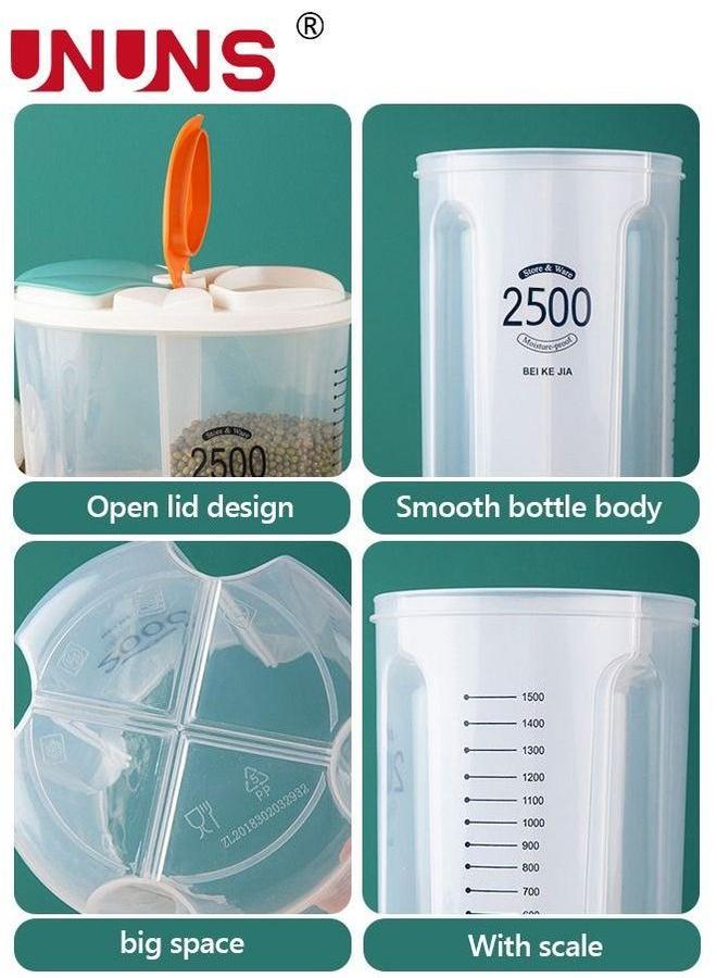 UNUNS حاوية تخزين الحبوب، حاوية حبوب محكمة الإغلاق بـ 4 أقسام، حاوية طعام للمطبخ بسعة 2.5 لتر مع أغطية وأقسام للحبوب، السكر، الدقيق، الأرز، المكسرات، والوجبات الخفيفة - Image 5