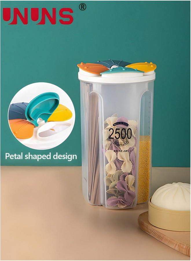 UNUNS حاوية تخزين الحبوب، حاوية حبوب محكمة الإغلاق بـ 4 أقسام، حاوية طعام للمطبخ بسعة 2.5 لتر مع أغطية وأقسام للحبوب، السكر، الدقيق، الأرز، المكسرات، والوجبات الخفيفة - Image 1