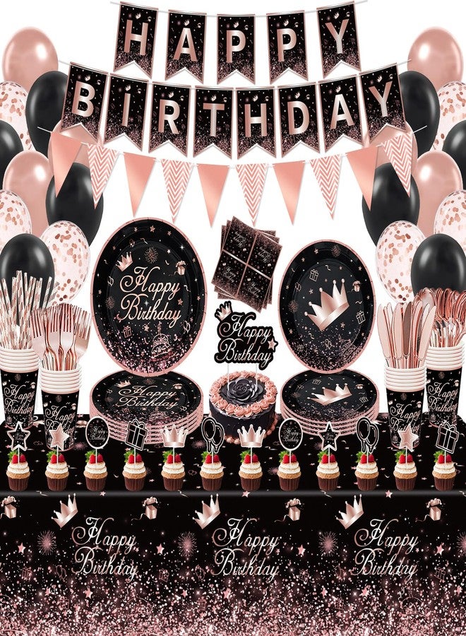 Inspireyee 225 PCS Black and Rose Gold Party Decoration Rose Gold & Black Party Supplies Birthday Party Dinnerware Set-Plates, Banners, Balloons, Tablecloth Serves 20 - Image 1