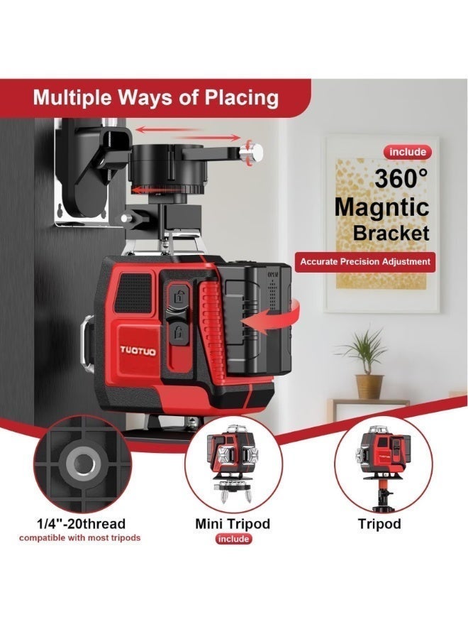 TUOTUO 16 Lines 4D Laser Level Horizontal Vertical Line Laser, 2xRechargeable Battery, Remote Control, Portable Toolbox, Magnetic Rotating Stand Included - Image 4