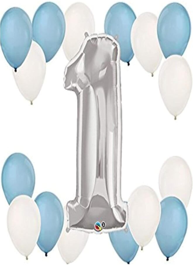 Salux - Large Number One Silver, 8 Blue 8 White balloons Bouquet Set, First Birthday Boy - Salux Collection - Image 1