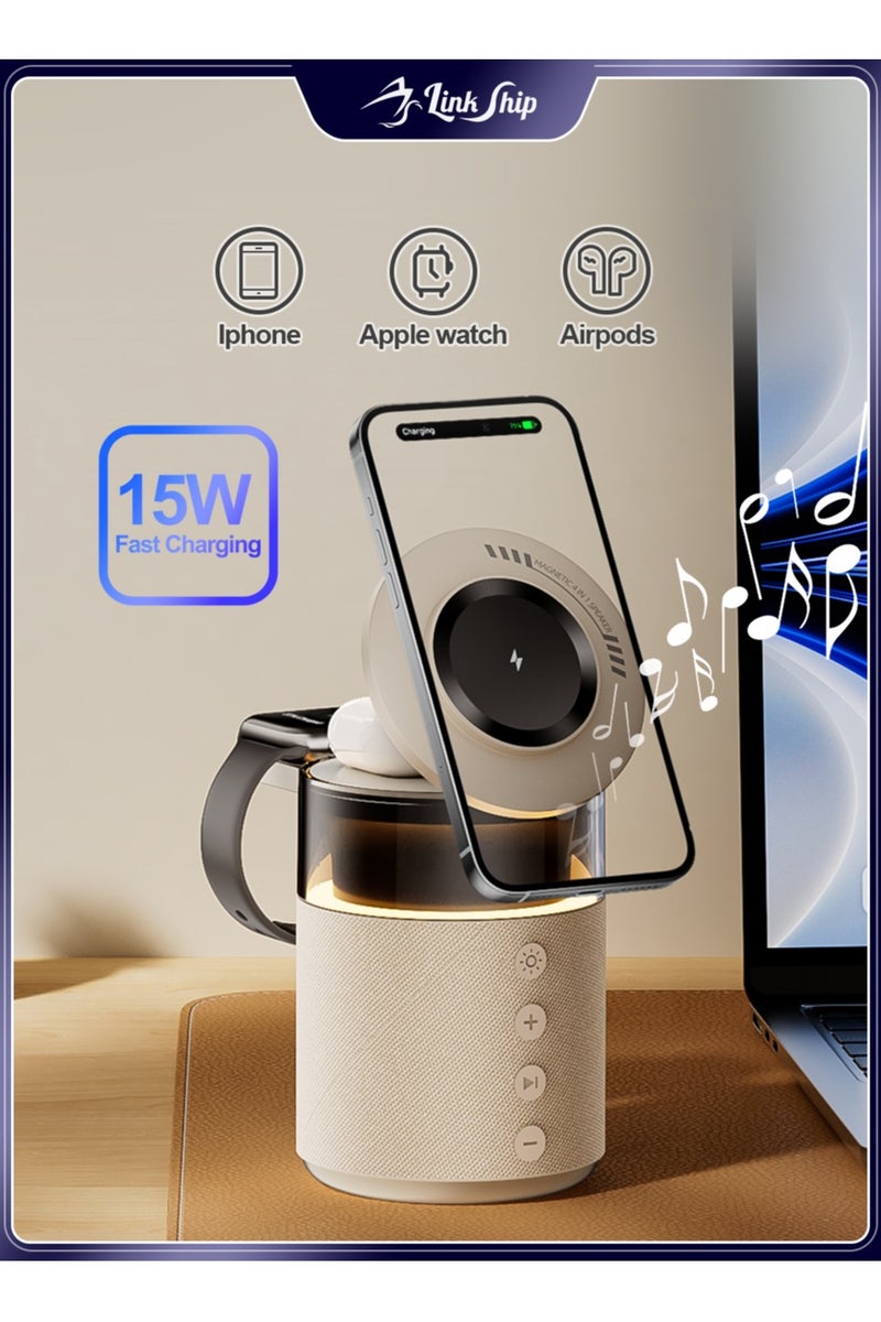 linkship All-in-One Home MagSafe Hub, 5-in-1 with 360° HiFi Bluetooth Speaker & Night Light, Foldable Charging Station, 15W Fast Wireless Charger for iPhone 12-17, Samsung, Apple Watch & AirPods. - Image 1