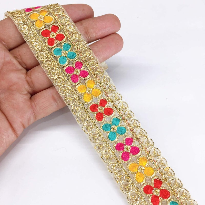 Lami - 9 Mts. Multi Resham Embroidery Border & Gold Cord Work, Designer Saree Lace, Embroidery On Tissue Fabric, Bridal Lehenga, Saree Dupatta, Suit, Anarkali Border, Indian Trims, Fashion Sari Border - Image 1