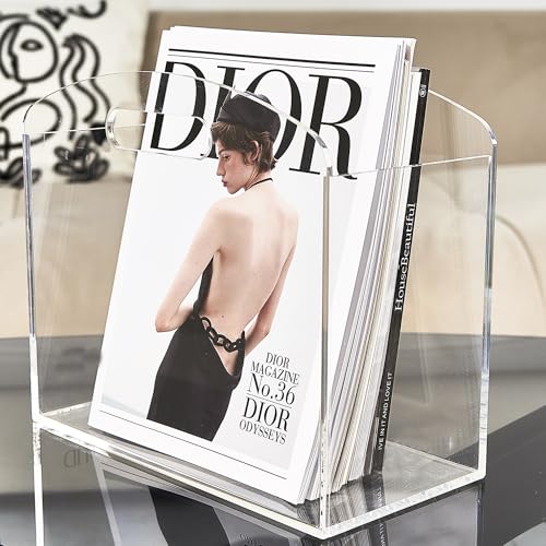 Meicloud Magazine Rack - Clear Acrylic Magazine Holder, Acrylic Newspaper Stand Organizer with handles, Modern Lucite Magazine and Book Basket Box for Bathroom, Bedroom, Living Room and Office - Image 1