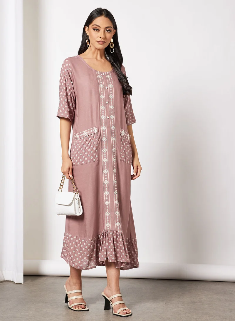HANA & SARA Casual Cotton Printed Round Neck All Over Jalabiya With Facemask For Women