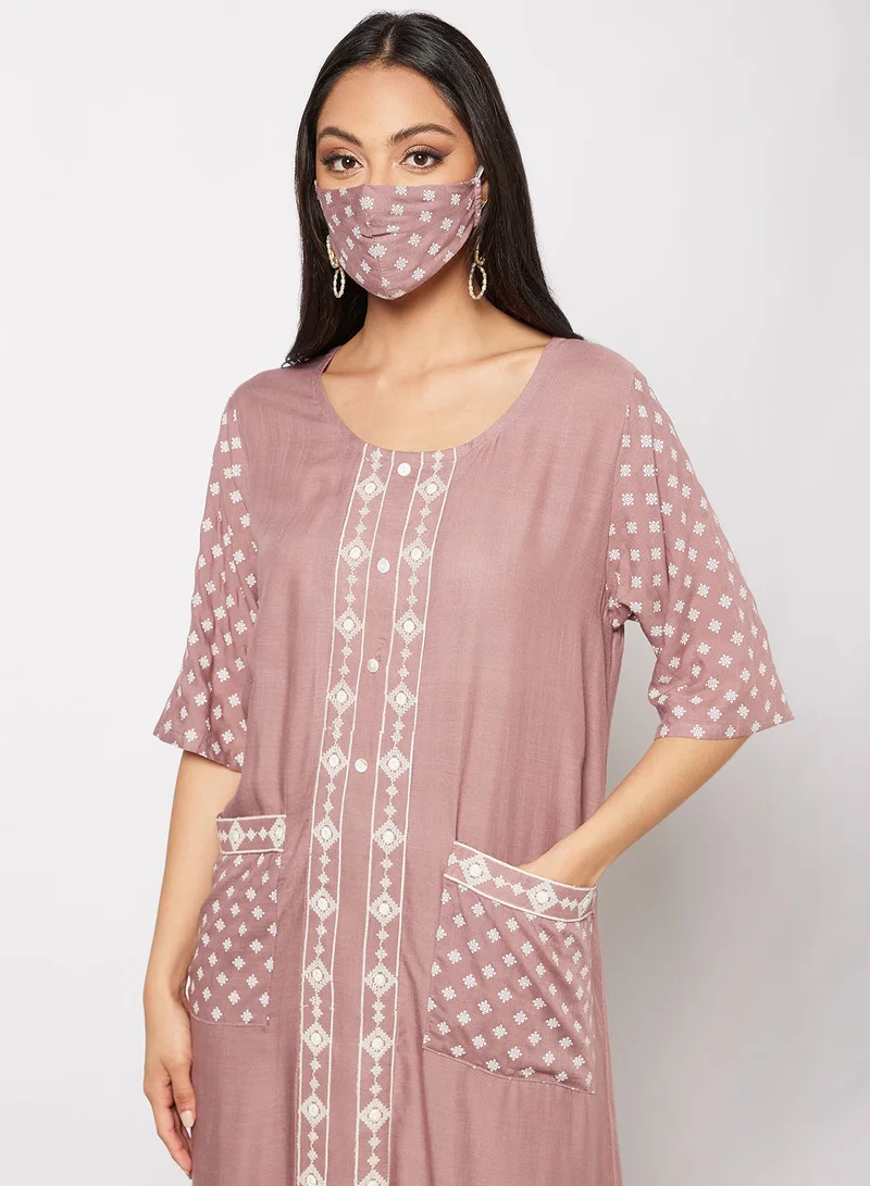 HANA & SARA Casual Cotton Printed Round Neck All Over Jalabiya With Facemask For Women