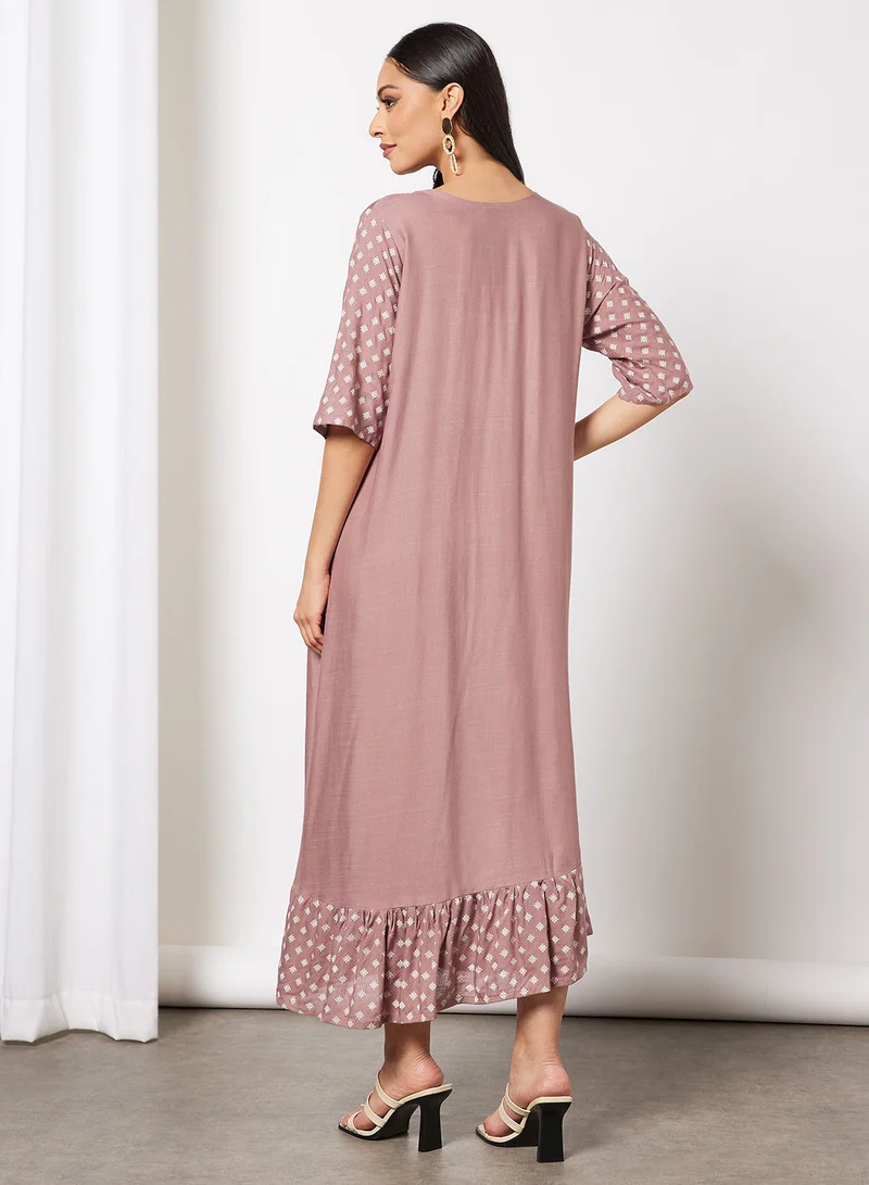 HANA & SARA Casual Cotton Printed Round Neck All Over Jalabiya With Facemask For Women