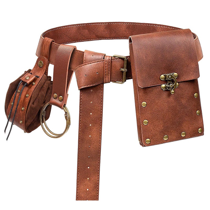 KOTORA Renaissance Belt Pouch Coin Purse Skirt Hike Set Medieval Festival Costume Halloween Accessories Casual Fanny Pack Waist Bag (2Pouch-Brown) - Image 1