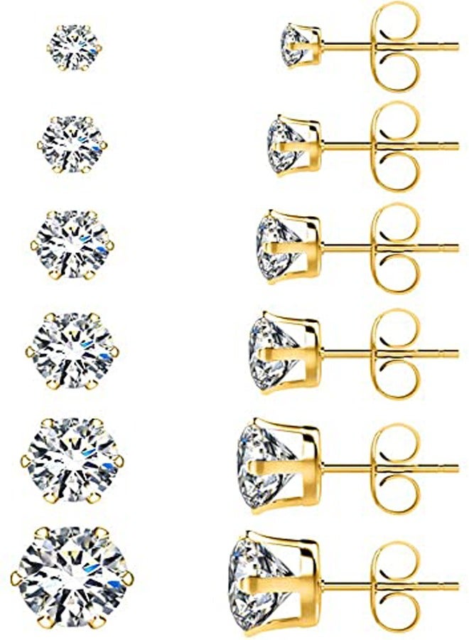 GUSGU 6 Pairs Stud Earrings Set for Women, Cubic Zirconia 316L Earrings Stainless Steel CZ Earrings 3-8mm, Gold - Image 1