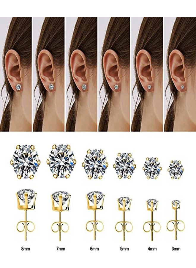GUSGU 6 Pairs Stud Earrings Set for Women, Cubic Zirconia 316L Earrings Stainless Steel CZ Earrings 3-8mm, Gold - Image 2