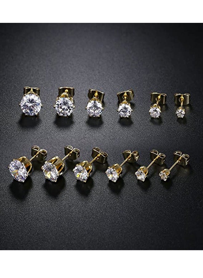 GUSGU 6 Pairs Stud Earrings Set for Women, Cubic Zirconia 316L Earrings Stainless Steel CZ Earrings 3-8mm, Gold - Image 3
