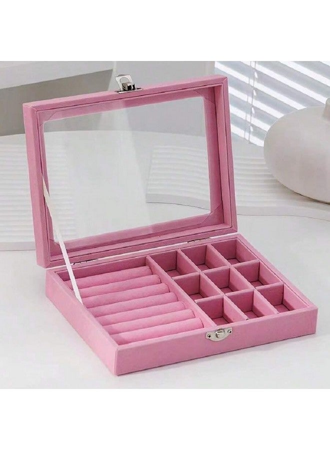 YouBella منظم مجوهرات يوبيلا هدايا مخملية بغطاء شفاف، منظم مجوهرات، صندوق تخزين للخواتم والأقراط والأساور، صندوق محمول للفتيات والنساء (وردي) - Image 2