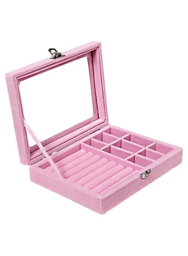 YouBella منظم مجوهرات يوبيلا هدايا مخملية بغطاء شفاف، منظم مجوهرات، صندوق تخزين للخواتم والأقراط والأساور، صندوق محمول للفتيات والنساء (وردي) - Image 1