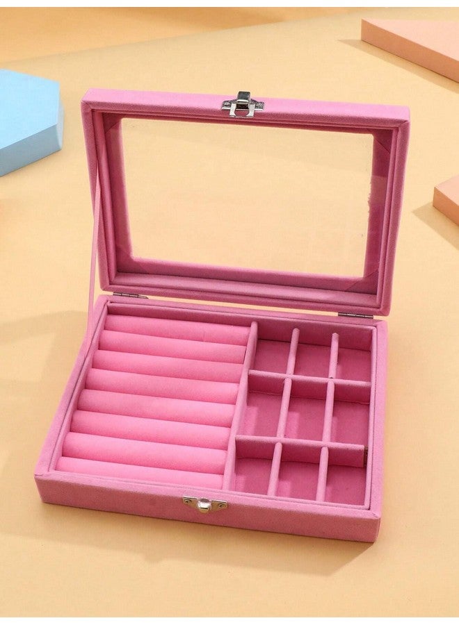 YouBella منظم مجوهرات يوبيلا هدايا مخملية بغطاء شفاف، منظم مجوهرات، صندوق تخزين للخواتم والأقراط والأساور، صندوق محمول للفتيات والنساء (وردي) - Image 4