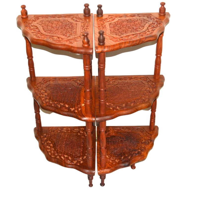 santarms santarms Corner Shelf 3 Racks sheesham Wooden Corner Shelf Organize and Decorate Your Living Room Kitchen Bedroom Big Size Corner Shelf Wall Shelf Bookshelf Set of 2 