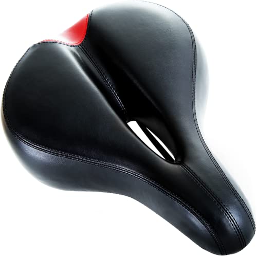 Bikeroo Comfort Saddle for Women & Men - Universal Fit Indoor & Outdoor Bicycles - Center Cutaway for Weight Distribution, Prostate Pressure Relief - Memory Foam - Red - Image 1