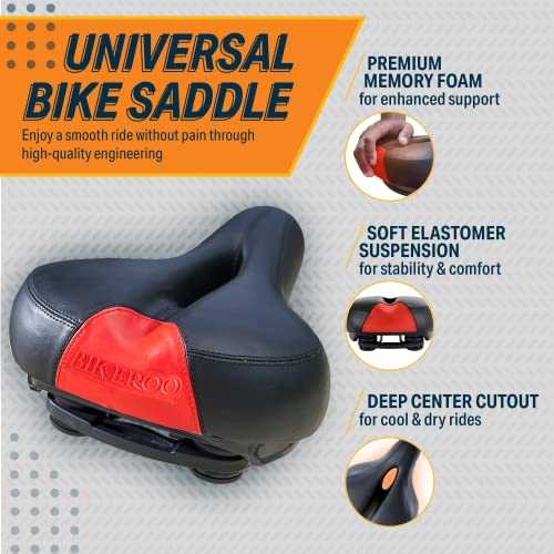 Bikeroo Comfort Saddle for Women & Men - Universal Fit Indoor & Outdoor Bicycles - Center Cutaway for Weight Distribution, Prostate Pressure Relief - Memory Foam - Red - Image 2