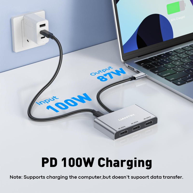 UANTIN USB C to 3 HDMI Adapter with PD 100W, 4K@60Hz HDMI Splitter Extended Display for Multi-Monitors, Adapter for 3 Monitor, Windows Allows Display 4 Separate Screens, macOS Only Mirror Mode - Image 5