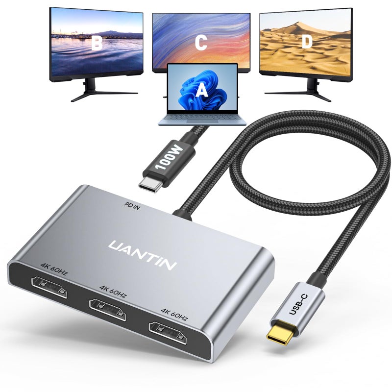 UANTIN USB C to 3 HDMI Adapter with PD 100W, 4K@60Hz HDMI Splitter Extended Display for Multi-Monitors, Adapter for 3 Monitor, Windows Allows Display 4 Separate Screens, macOS Only Mirror Mode - Image 1
