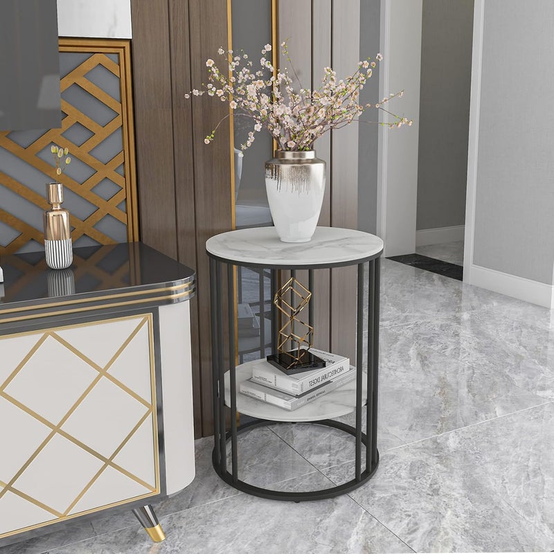 WISFOR Round Black Side Table: 2 Tier Small Coffee Table Marble Bedside Table with Black Metal Frame Modern End Table for Home Corner Living Room Bedroom 40×54cm - Image 3