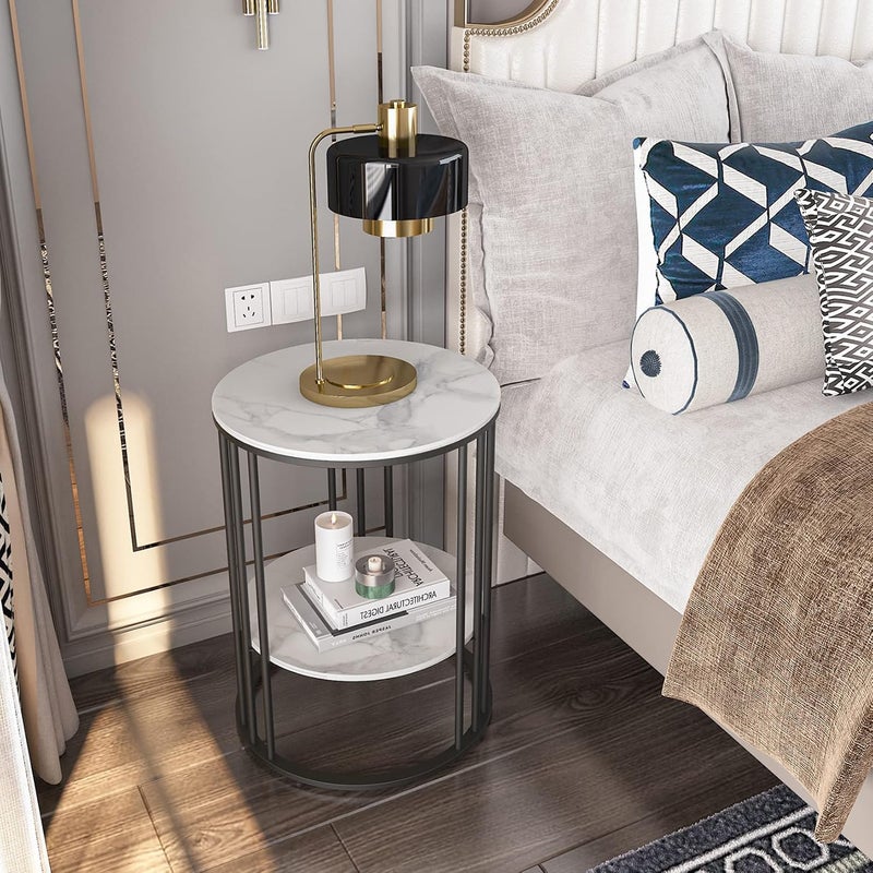 WISFOR Round Black Side Table: 2 Tier Small Coffee Table Marble Bedside Table with Black Metal Frame Modern End Table for Home Corner Living Room Bedroom 40×54cm - Image 4