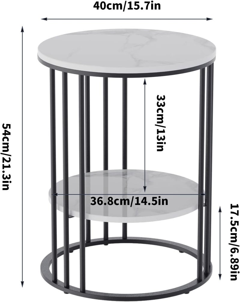 WISFOR Round Black Side Table: 2 Tier Small Coffee Table Marble Bedside Table with Black Metal Frame Modern End Table for Home Corner Living Room Bedroom 40×54cm - Image 2