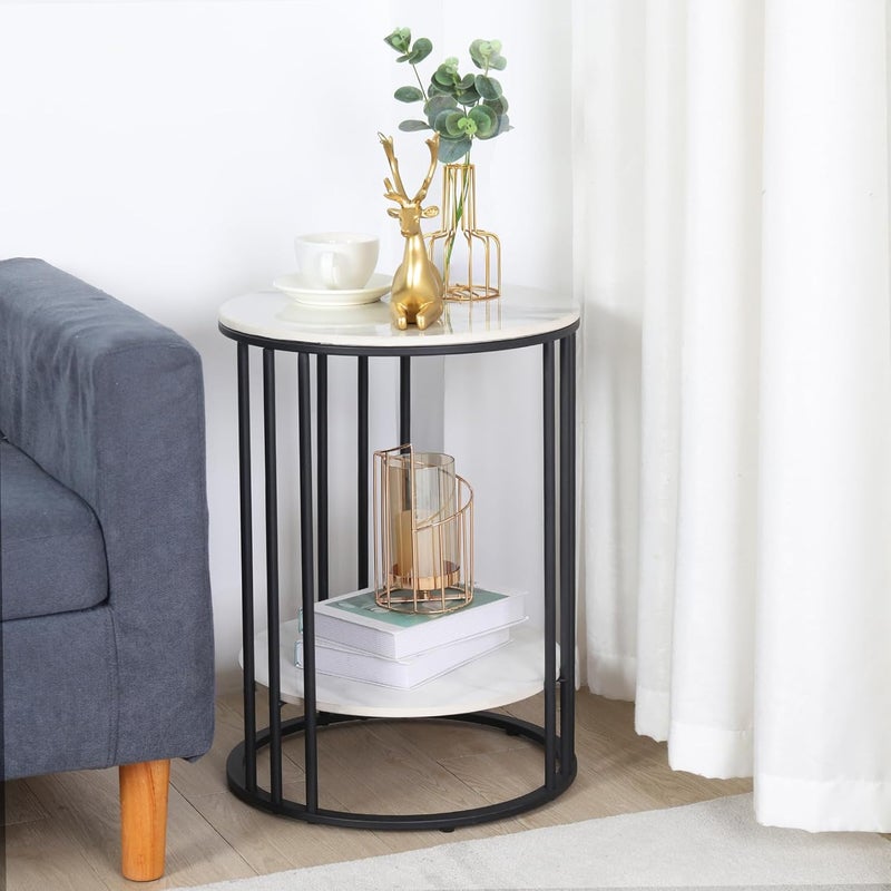 WISFOR Round Black Side Table: 2 Tier Small Coffee Table Marble Bedside Table with Black Metal Frame Modern End Table for Home Corner Living Room Bedroom 40×54cm - Image 1
