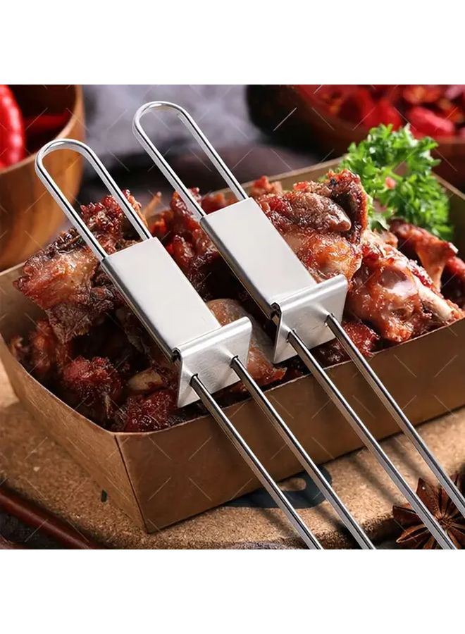 6 Pieces Extra Long Stainless Steel BBQ Skewers With Push Bar Double Prong Kebab Forks - Image 1