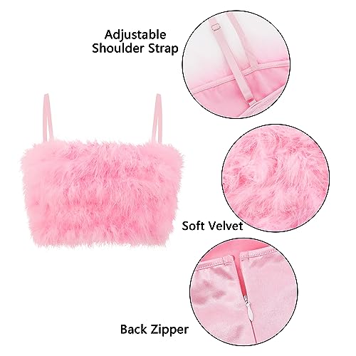 Vimoisa Women Faux Fur Tank Top Spaghetti Strap Crop Cami Top Tight Sleeveless Tube Top Vest(S) Pink - Image 2